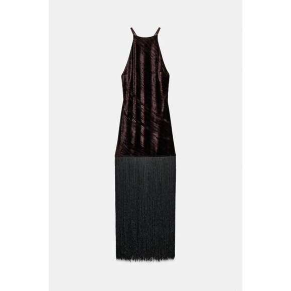 ZARA VELVET FRINGED MIDI DRESS - Picture 9 of 11
